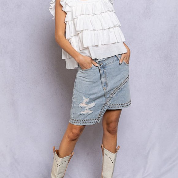 Retro Distressed POL Denim Skirt with Metal Studs - Picture 9 of 16